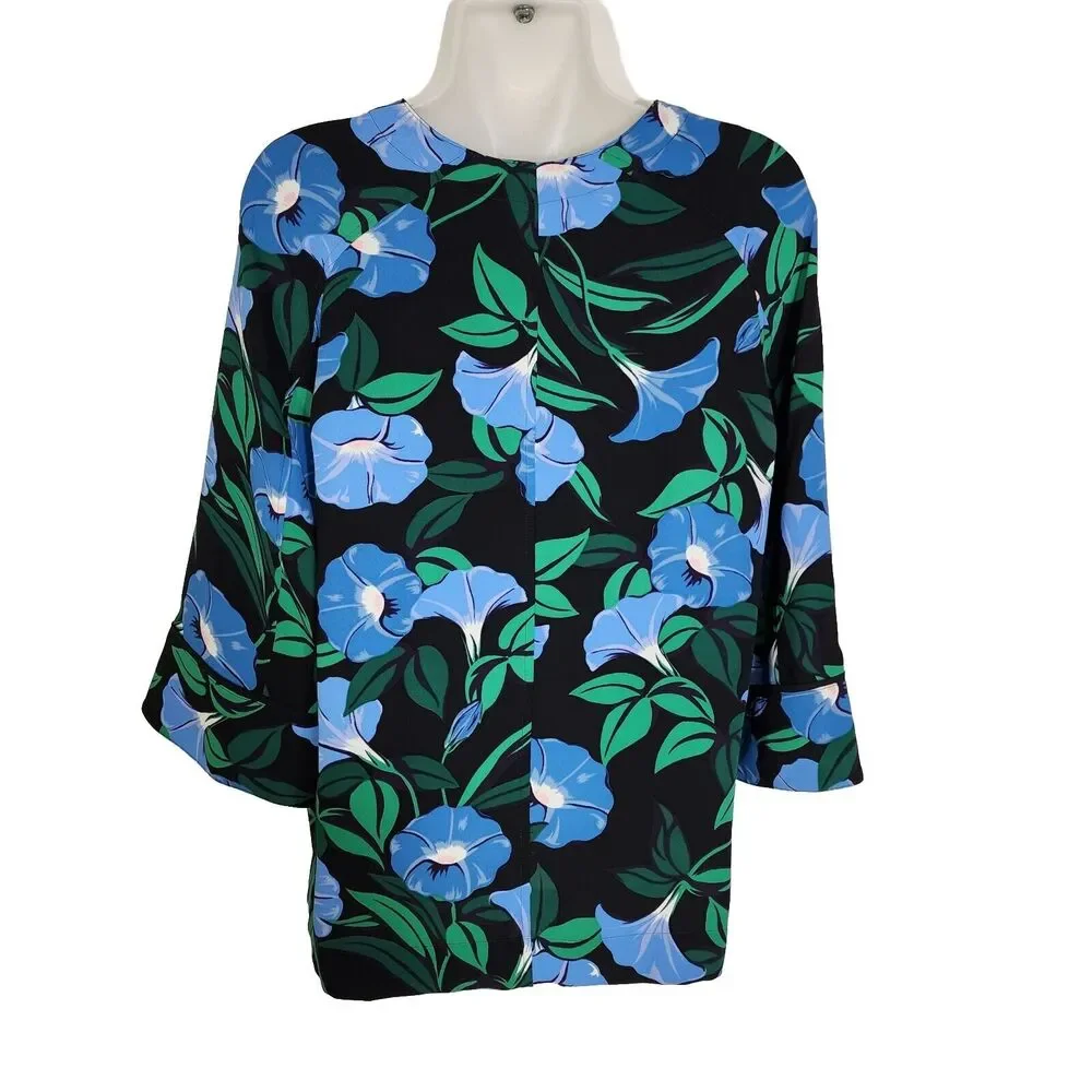 Ann Taylor Womens Top XS Garden Spit Neck 3/4 Sleeve Floral Print Fresh Grass